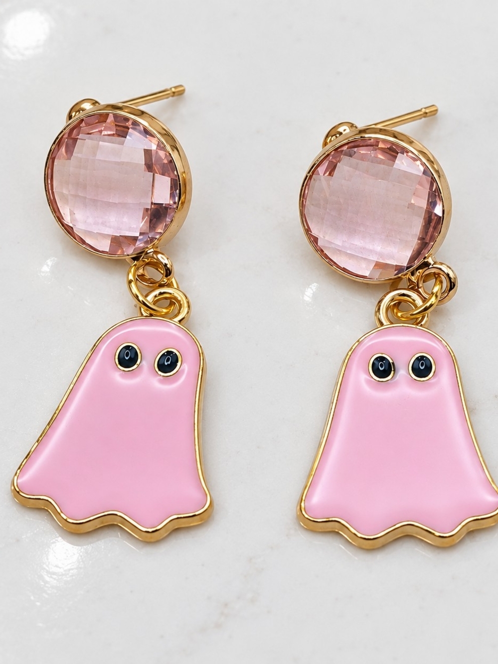 Pink Ghost Earrings Faceted Crystal Gold Tone Spooky Halloween Dangle - Picture 4 of 4